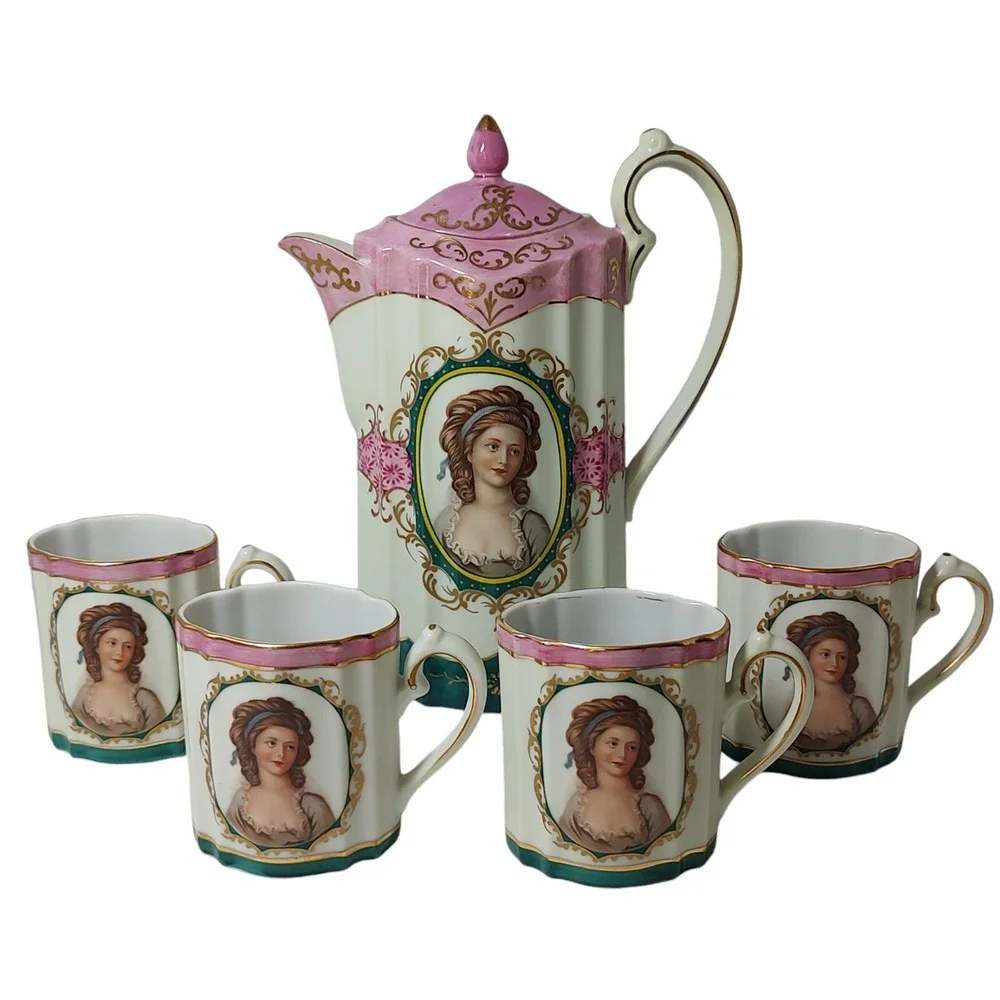 Vintage Royal Vienna Chocolate Pot with Four Cups Set Victorian Woman Pink Tea‎